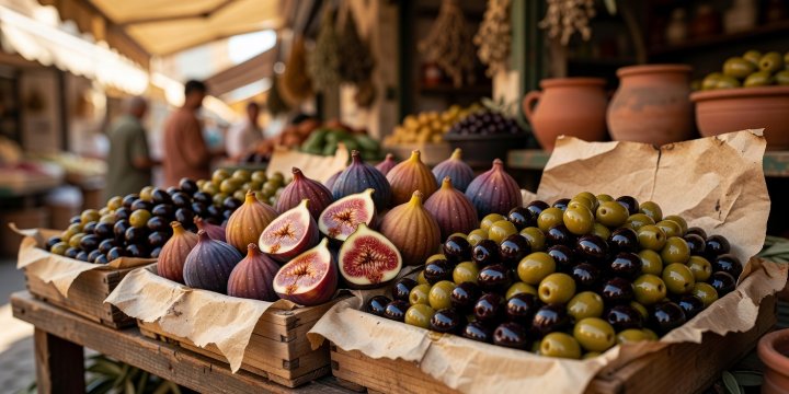 Macro close-up of figs and local olives at a Mediterranean market stand