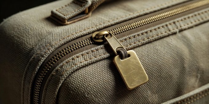 Close macro view of a reinforced zipper and luggage fabric ready for transit