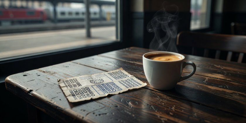 Detail of a traveler reading a transport schedule beside a warm beverage on a polished wood table
